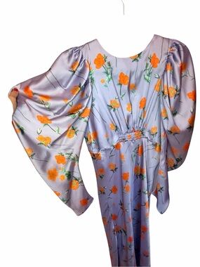 Lilac Satin Floral Maxi Dress with Orange Blooms